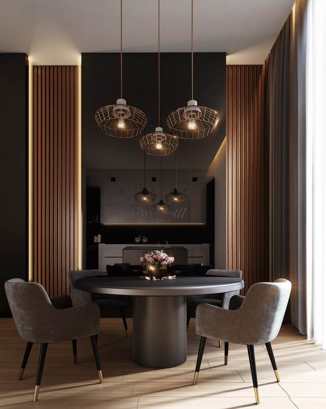 Home gray dining table under pendant lamps